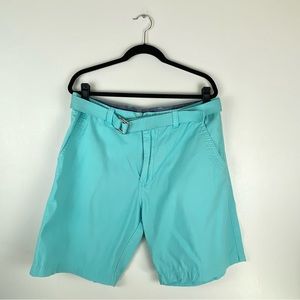 Islandia Chino Shorts Mens 38 Teal Blue Flat Front Waist Belted Pockets Cotton